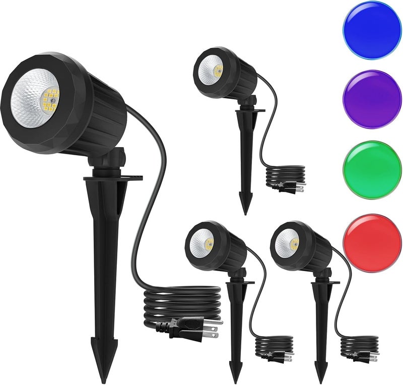 Holeva Spotlight Outdoor – 120V Plug-In, 6500K Cool White LED Landscape Lighting with RGB Purple 4 Color Lenses for Yard, Garden, Lawn & Tree Decor on Holidays&Everyday, IP67 Waterproof (4 Pack,Black) - Image 1